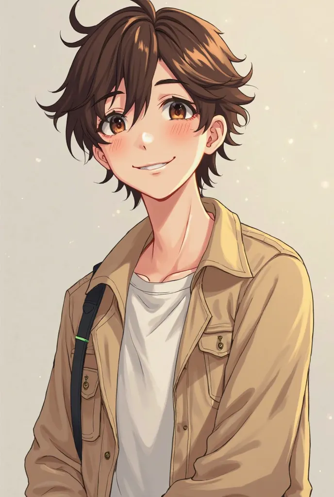 A character named Dante. He is a somewhat introverted protagonist but quite cheerful and histrionic and warm..  brown eyes, brown hair, clothing in shades of beige and white with some LGBT accessory. Look like a young adult
