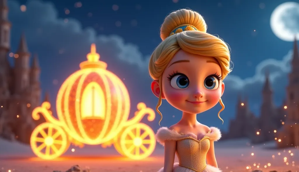 3D Cartoon-Style Prompt:

Overwhelmed with gratitude, a ager Cinderella with large, expressive blue eyes and golden-blond hair elegantly tied up steps into a glowing, enchanted carriage. The carriage, made of a shimmering pumpkin-like structure with golden...