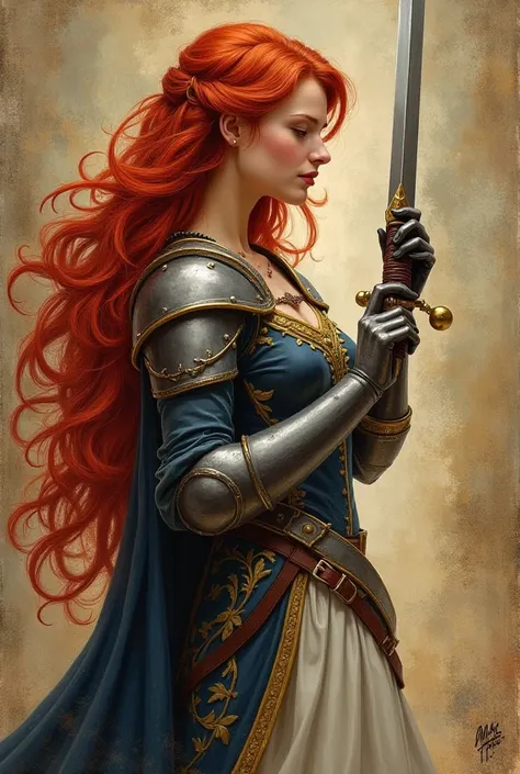 Draw me a princess with red hair behind it, whether it be a knight with black hair in one sharp-eyed hand, or a dagger in one hand, towards the princess holding it upwards and a migheri in the other hand, make it like a book cover. Let it not seem too obvi...