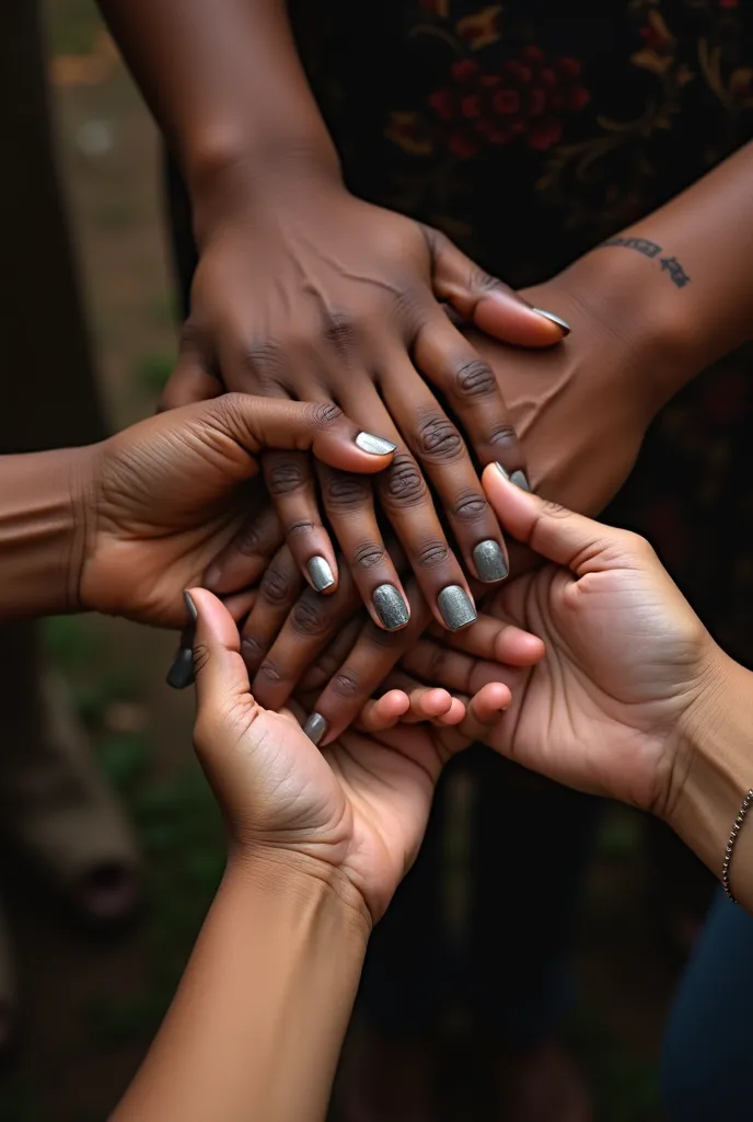 Create a photo of four African women soft hands holding each other, an image from above, hands being laid down on each other's, only hands