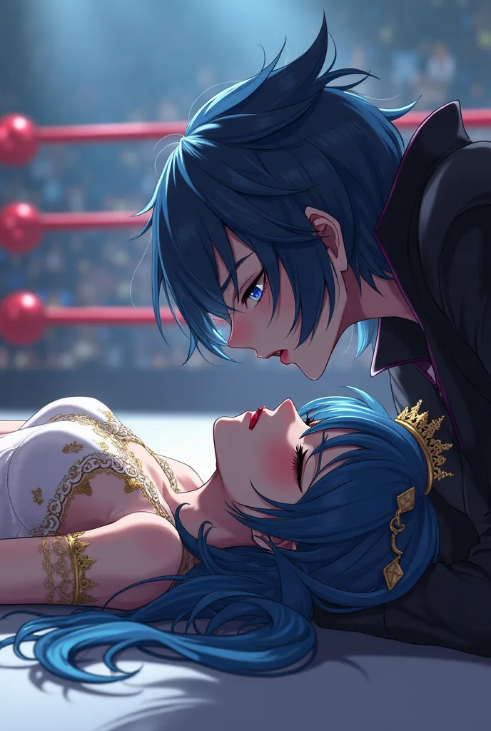 Princess with dark blue hair crown in white underwear with gold design is on a wrestling stage,The princess is unconscious with eyes closed, A vampire knocks her out,  anime version.