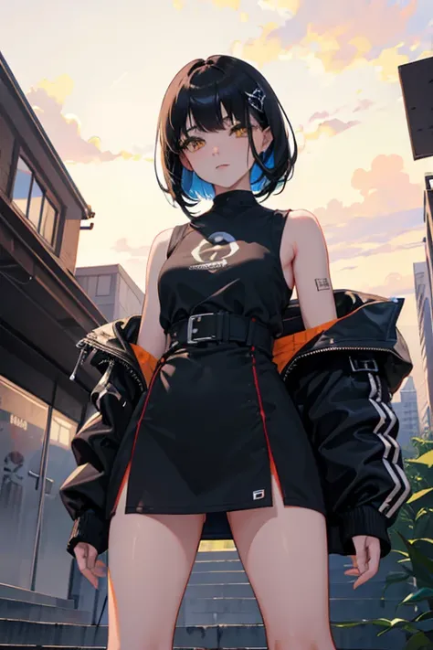  High Resolution,  boyish,   1 girl,  black hair, Sporty shortcuts,  Asymmetric Hairstyles ,  Asymmetrical bangs,   yellow eyes,  There are three circles in the middle of the eye,  Skater Style Street Fashion, slightly oversized bottoms, is standing, futan...