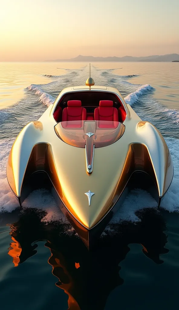 The yacht in the picture is truly magnificent. Its futuristic design is characterized by sleek, aerodynamic lines that cut through the water with grace and poise. The metallic gold and silver color scheme catches the eye, shining brightly in the soft, warm...