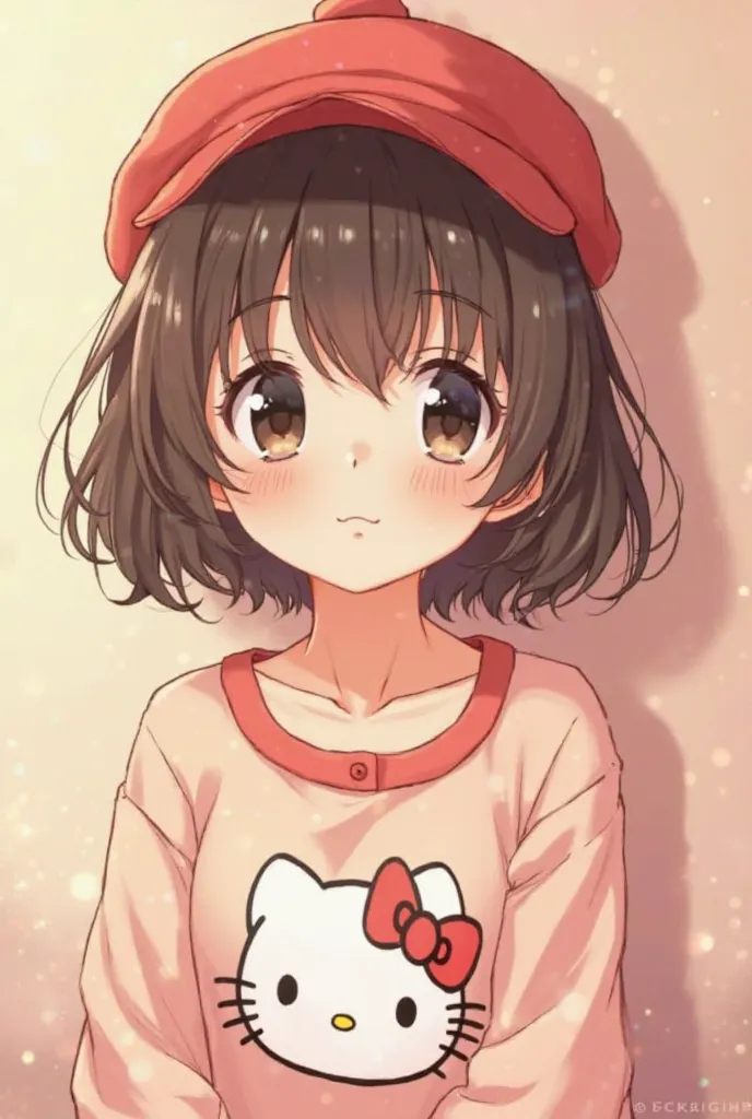 Female anime has a red cap short brown hair a cute black eyes Hello Kitty pajamas 