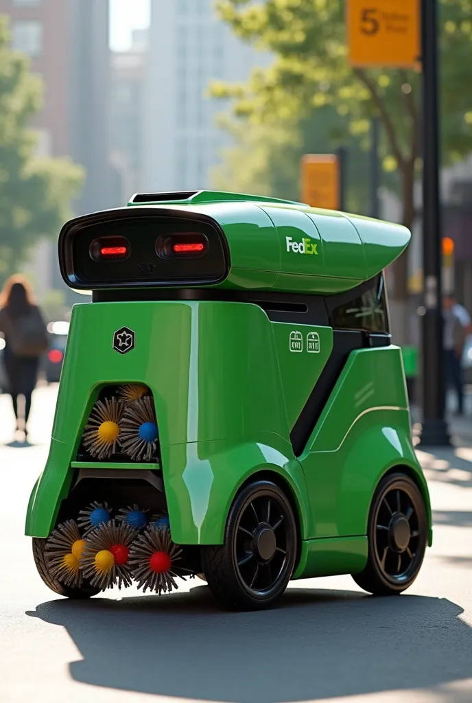 Make a robot that looks like the delivery robots for FedEx but make it color green and has yellow, blue and red trash bins in it and cleaning bristles in the front make the base look like a trash bin