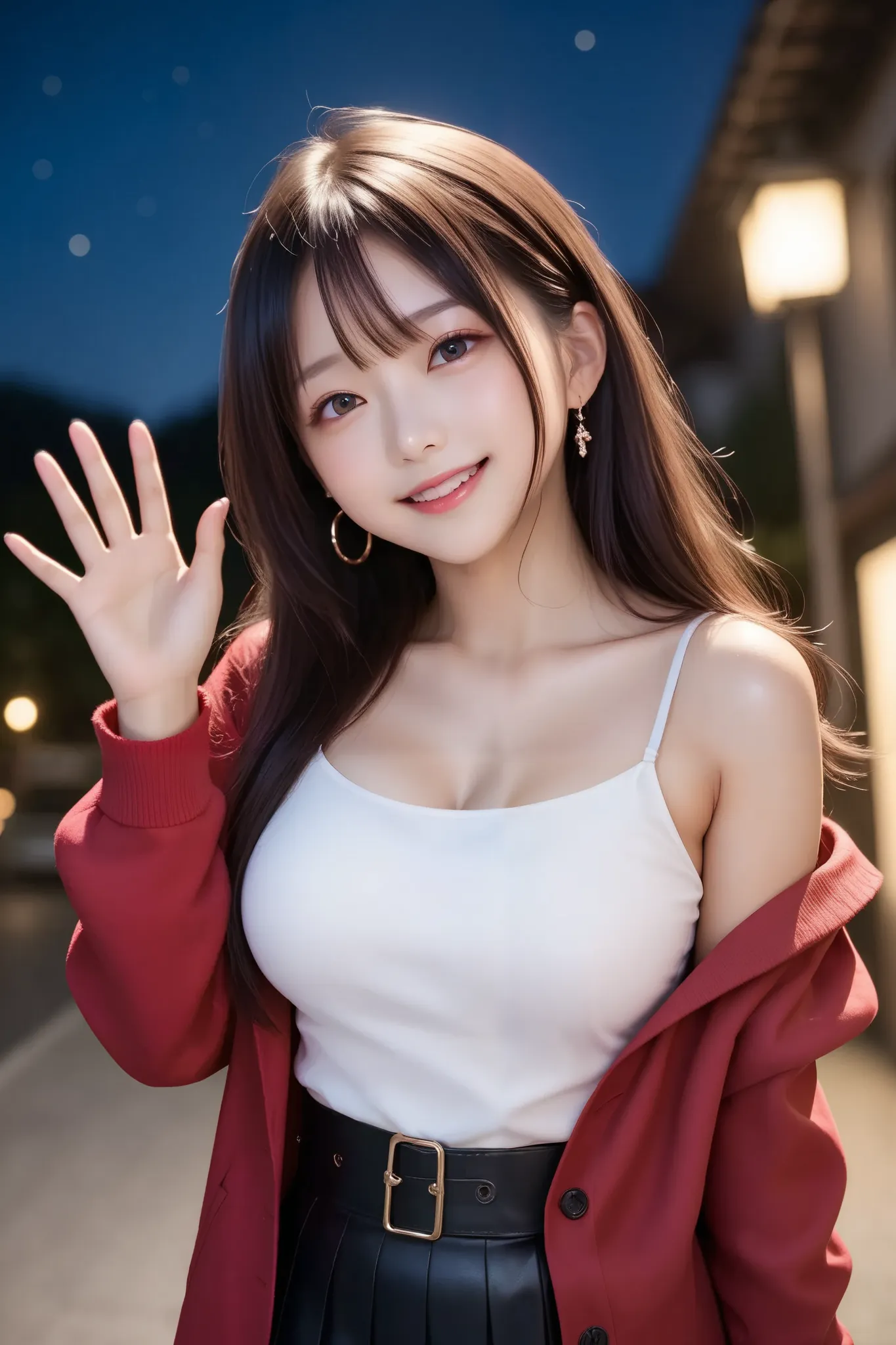  Night View、night景、night、score_9,  score_8,  score_7 , detailed,   Hausmo Style  , 1 Japanese girl ,  girl in the distance has brown hair,  Girl has long hair, girls have straight hair  ,  big breasts,Tight Waist  ,かわいい顔、 smile ,  red cardigan with 3 peopl...