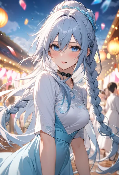 masterpiece, best quality, a women, 30 years old, hair scrunchie, white color extremely long hair, hairs between eyes, braids, sky blue eyes, regrettable, choker,  Ao Dai)(background: party venue, crystal motion blur ).