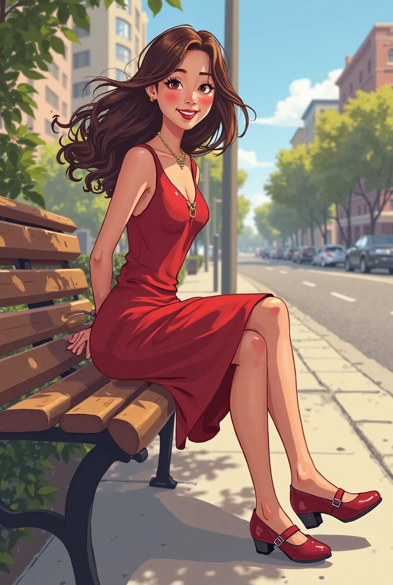 Tip: A very lovely  beautiful Asian American woman being happy alone on a bench in Downtown San Diego in the sun… The illustration is a high definition illustration with 4k resolution., with highly detailed facial features and cartoon style visuals, red kn...