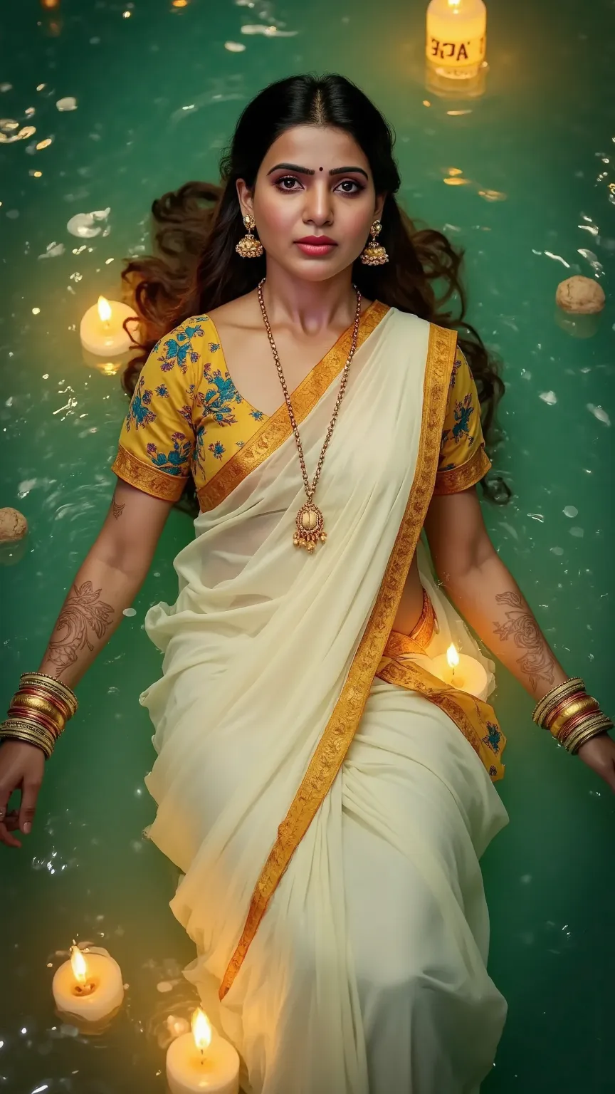 (masterpiece, best quality:1.2), ultra-detailed, 1girl, floating effortlessly in a mystical emerald-green river, wearing a dripping white and gold saree, intricate henna designs on her hands, her expression serene yet powerful, thick dark curls adorned wit...