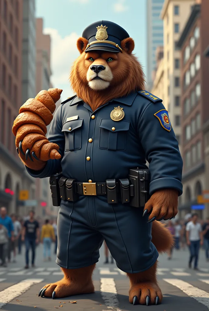 Angry and strong animal dressed as a police officer with a vector croissant and cap 