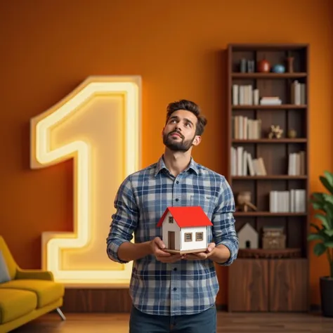 
*"A highly detailed, professional real estate advertisement with a warm orange gradient background, transitioning smoothly from deep burnt orange at the edges to a golden glow in the center.

In the foreground, a young man with light skin, a short beard, ...