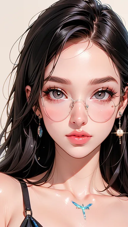 ((image placed in the center,   thick, soft lips {x} exaggerated features in a cute style were cartoonized Closeup of a beautiful woman   :1.52,    thick, soft lips with glitter   ,     BIG, GLITTERLY REFLECTIVE    ,     LONG EYES AND FALSE LASHES    :1.5 ...