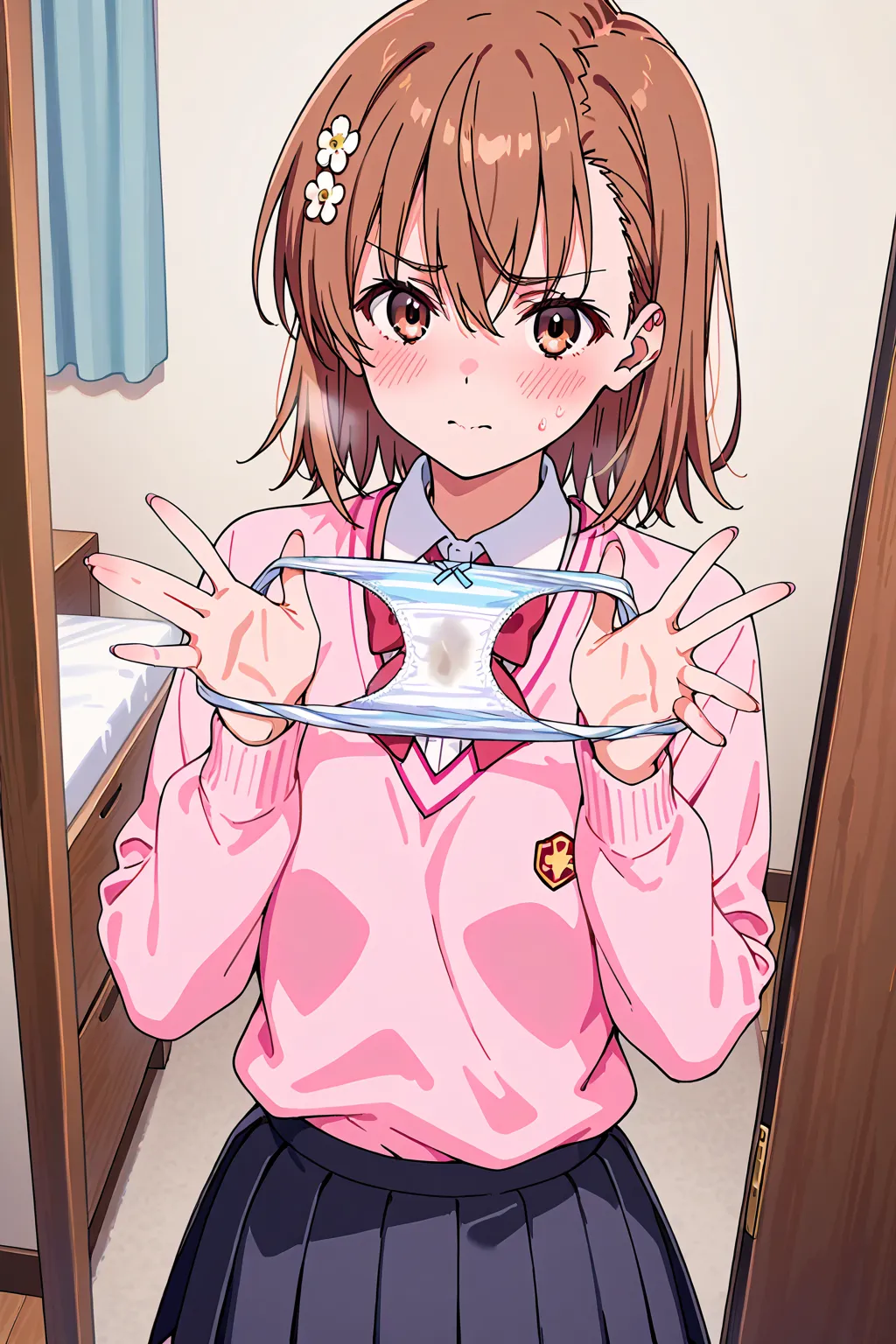 Beautiful Girl、Misaka Mikoto、pleated skirt、blush、 girly room、chest of drawers、chest of drawersの引き出しが開いている、chest of drawersの中には下着、panties in hand、holding panties with both hands、steam from panties、chest of drawersが開いてる、shows off her panties、Crotch、panties c...