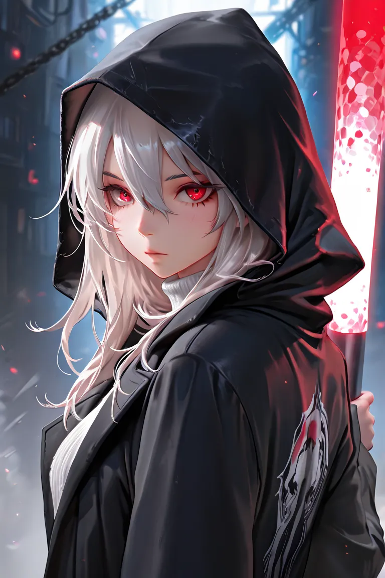 masterpiece, best quality, detailed eyes, semi realistic, 8k, girl, cute, small, pure, oversized black hood coat, black jean, white sweater, emotionless face, short long white gray hair, red eye, midnight city, solo character. looking at viewer, holding ba...