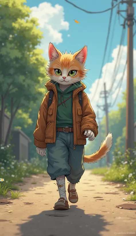 
On a roadside, walking in the sun was a cat named Mino. Mino's clothes were old, torn, and she walked like humans on two feet. His hair was scattered, the shadows of exhaustion in his eyes, but there was a small ray of hope in his heart.