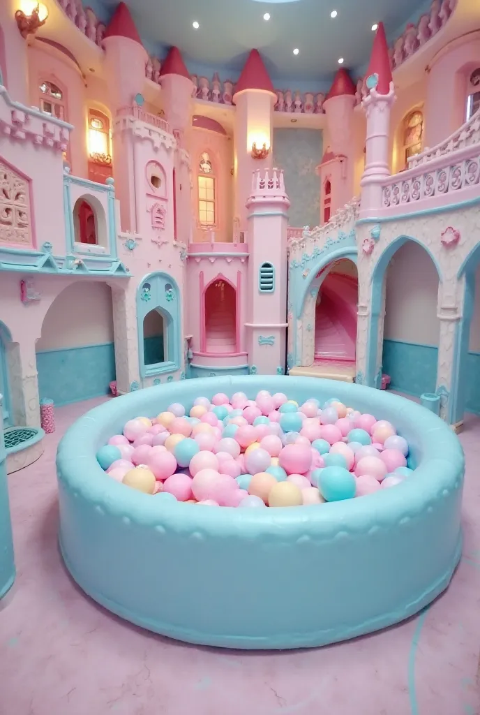  A playful and fun space, possibly a playground or an indoor park. The decoration has an enchanted castle style, with soft colors such as pink and blue, rounded shapes and a large ball tank in pastel colors. There are slides, raised structures and decorati...