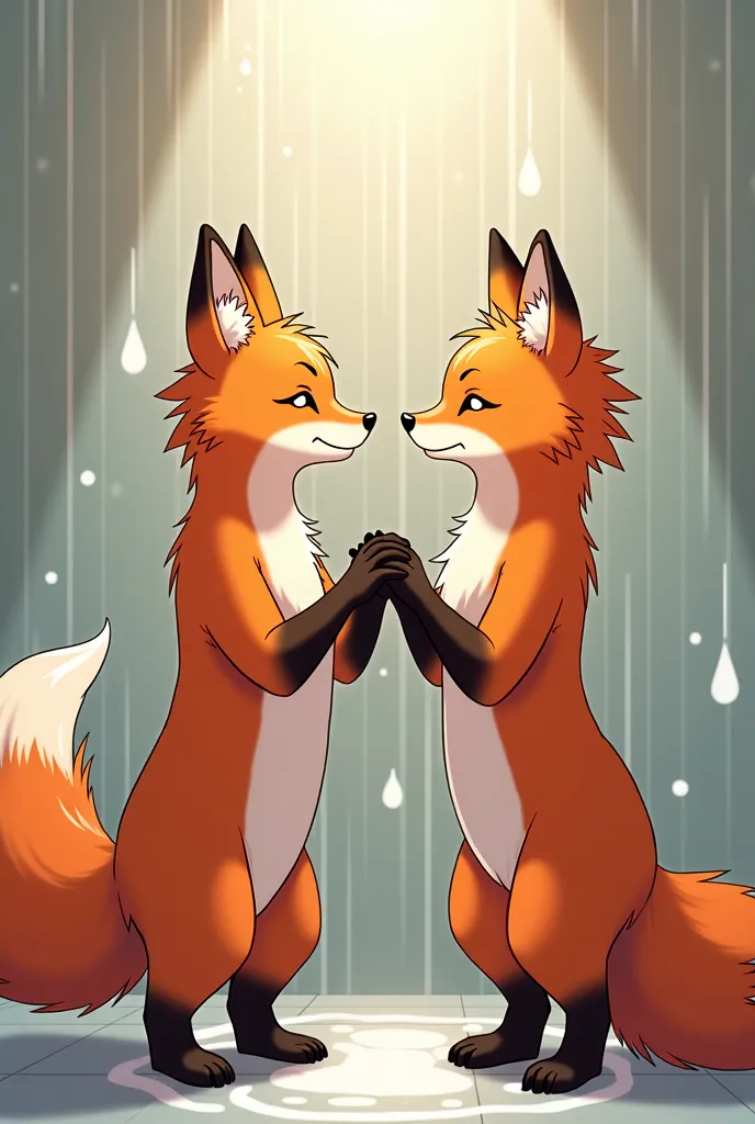 there are two foxes standing in a shower with their paws up, concept art inspired by Caspar Wolf, pixiv contest winner, furry art, pov furry art, furries wearing tails, furry art!!!, furry anime, very very beautiful furry art, furaffinity commission, commi...