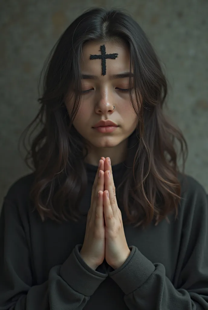 Youth of approximately 20 years, In prayer , eyes closed and with an ash cross on their forehead.
