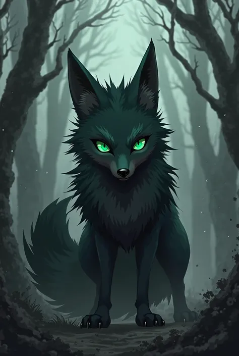 anime-style dark fox channel avatar with green eyes against a gray forest