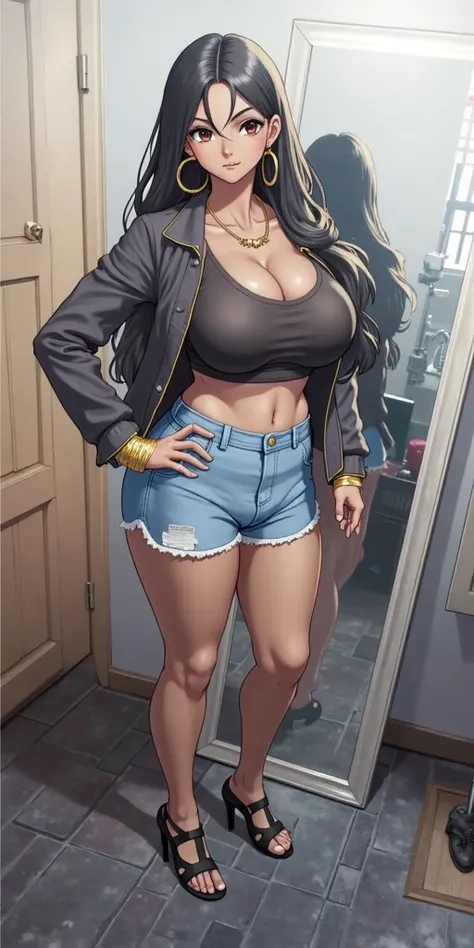 (Masterpiece:1.4) best_picture, expressive_eyes, perfect_face, 1girl, breasts, shorts, black_hair, long_hair, solo, hand_on_hip, cleavage, large_breasts, gigantic_breasts:1.6, turgid_breasts, denim, reflections, standing, jacket, earrings, looking_at_viewe...