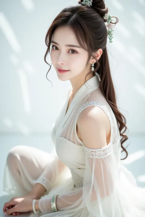 best qualtiy, hyper-high detail, upper body shot，sit on the ground, Refined face，Coiled hair，traditional Hairpins，pretty face，Skin reflection，25 years old woman，slimfigure，Shy，Smaller bust，cropped shoulders，white openwork cheongsam hanfu，High split end，eth...