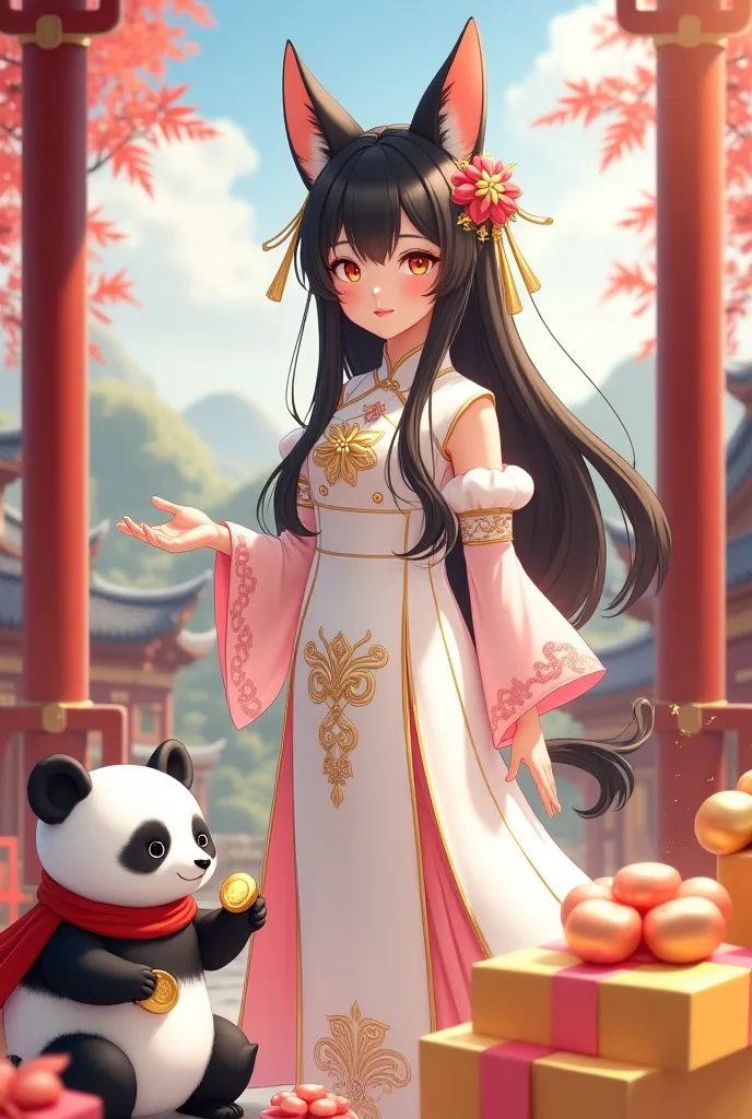 A young girl with fox ears and long black hair, wearing a white traditional Chinese dress with gold patterns and transparent pink sleeves. She looks beautiful with gold jewelry on her sleeves. She holds out her hand as if summoning something. The girl stan...