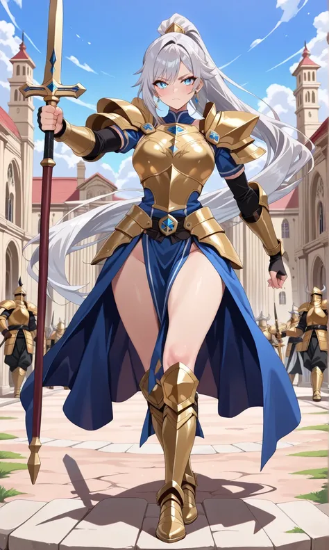 (((masterpiece, best quality, high detailed, 16k))) (1girl) A striking female warrior, clad in gleaming golden armor with a large scale in one hand, symbolizing balance and fairness. Her long flowing silver hair matches her piercing blue eyes. The battlefi...