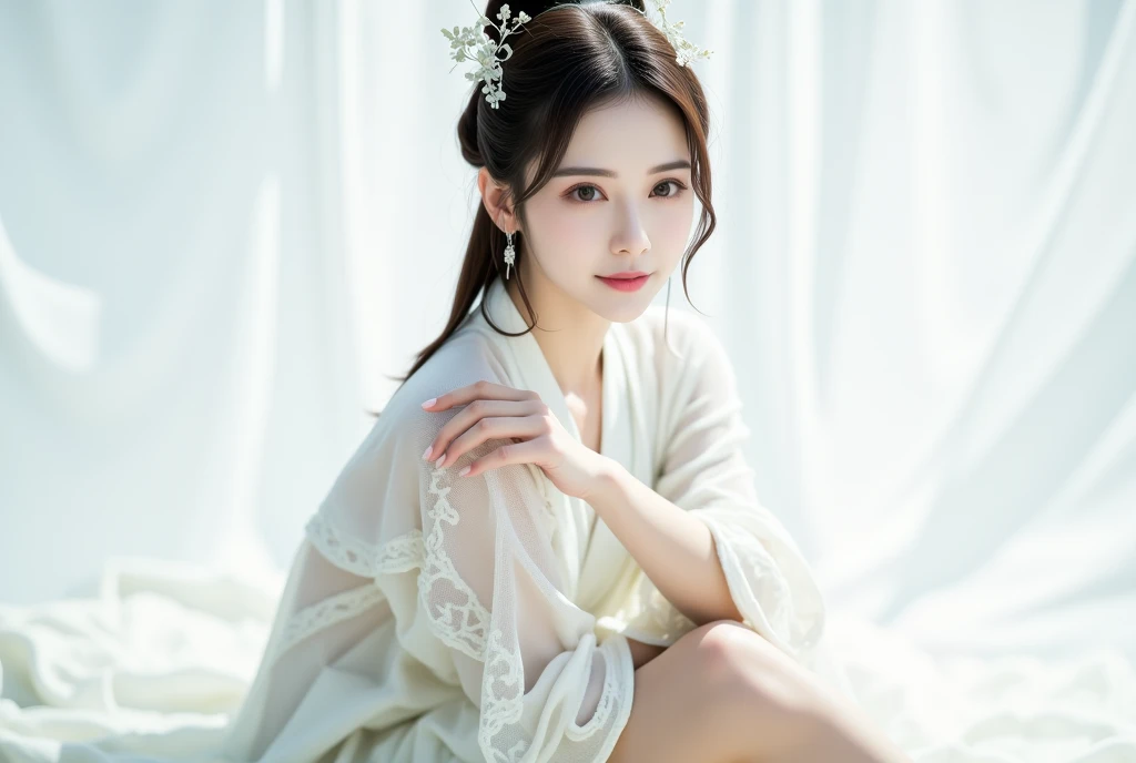 best qualtiy, hyper-high detail, upper body shot，sit on the ground, Refined face，Coiled hair，traditional Hairpins，pretty face，Skin reflection，25 years old woman，slimfigure，Shy，Smaller bust，cropped shoulders，white openwork cheongsam hanfu，High split end，eth...