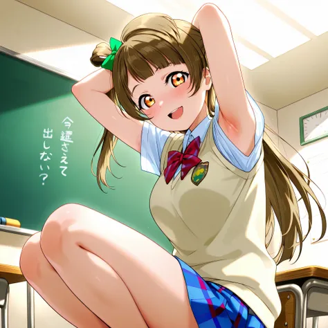 lovelive_kotori,
sweater vest, short sleeves, blue plaid skirt, red bowtie, breasts, grayish brown hair, green hair bow, bangs, one side up, long hair, amber eyes,

,BREAK, armpit, arms over head, focus on armpit,
smile, ,scorn,open mouth, (cheerful),looki...