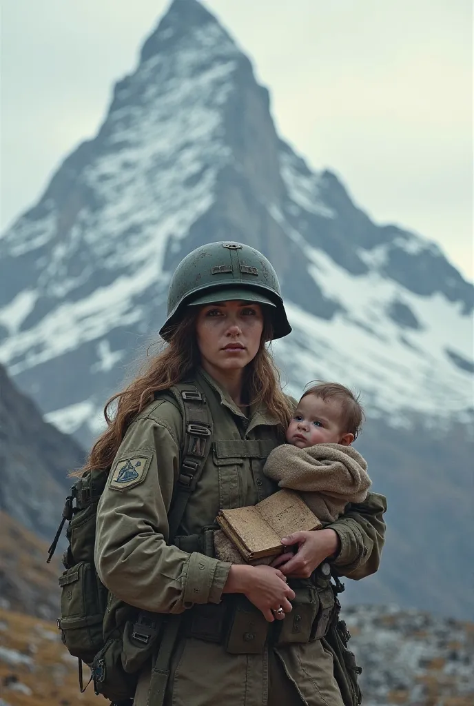 Female soldier carring a baby with a Bible in her hand, wearing a helmet and looking at a high and dangerous mountain