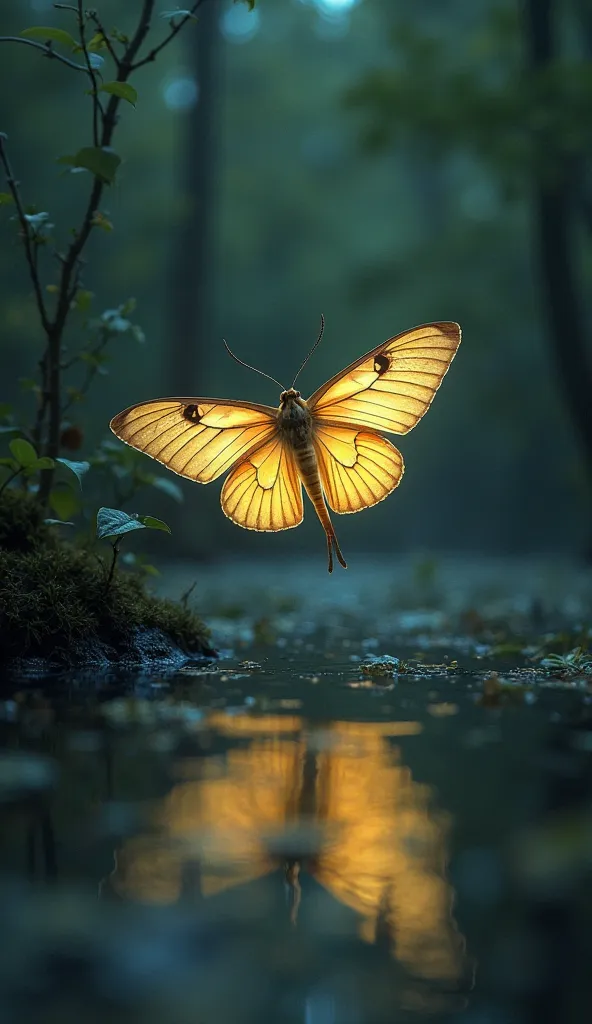 A beautiful, glowing moth flutters near a swamp’s edge, its wings reflecting on the water’s surface. Nearby, deep beneath the water’s murky surface, something massive stirs—a long, leech-like shape shifting, waiting. The moth unknowingly draws closer, its ...