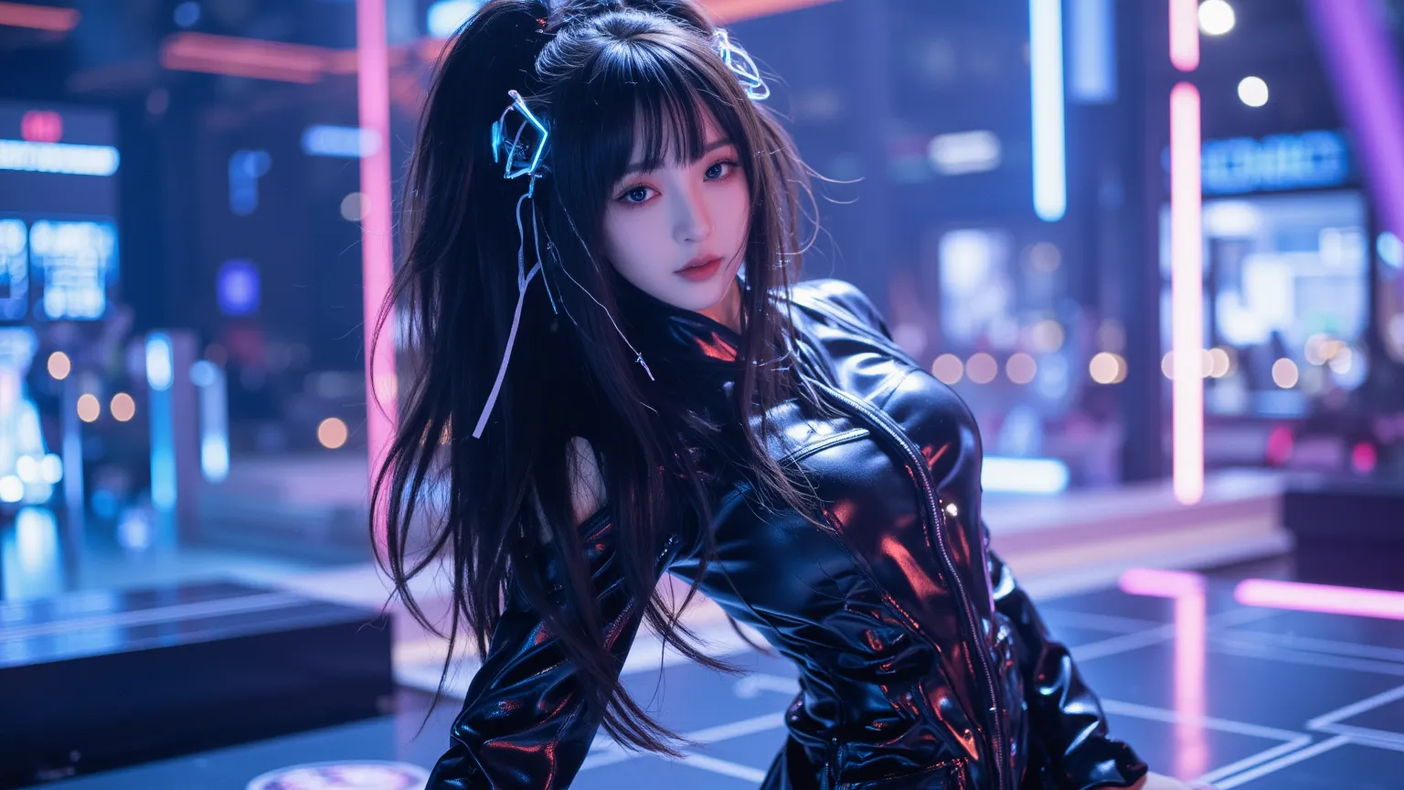 A stunning cyber idol performing on a neon-lit futuristic stage, surrounded by holographic lights and digital effects. She has long, glowing hair with circuit-like patterns, and her eyes shimmer like data streams. Her sleek, high-tech outfit reflects the v...