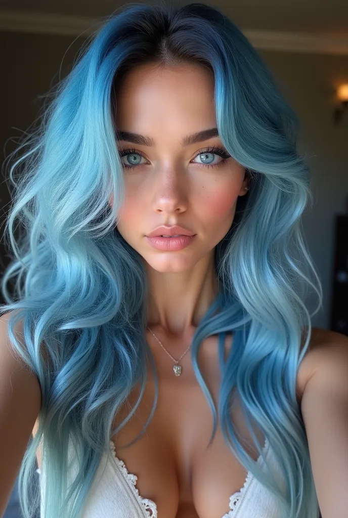 Realistic photo [a woman], [22 years old], [“Eloah Blanc“], [heterochromia eyes, one blue eye, the other very light blue, almost white], [long, wavy blue hair], [beautiful body with curves], She is natural, She is natural and ultra realistic, She is photog...