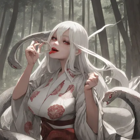 snake、Toguro、snake女、Medusa、 albino、White body、Late Night、 full moon、 in the woods、High Resolution, masterpiece, 最high quality, high quality, textured scales, Ultra High Definition, blurred background,  Proximity Method, Drop Shadow, motion blur,  light/dar...