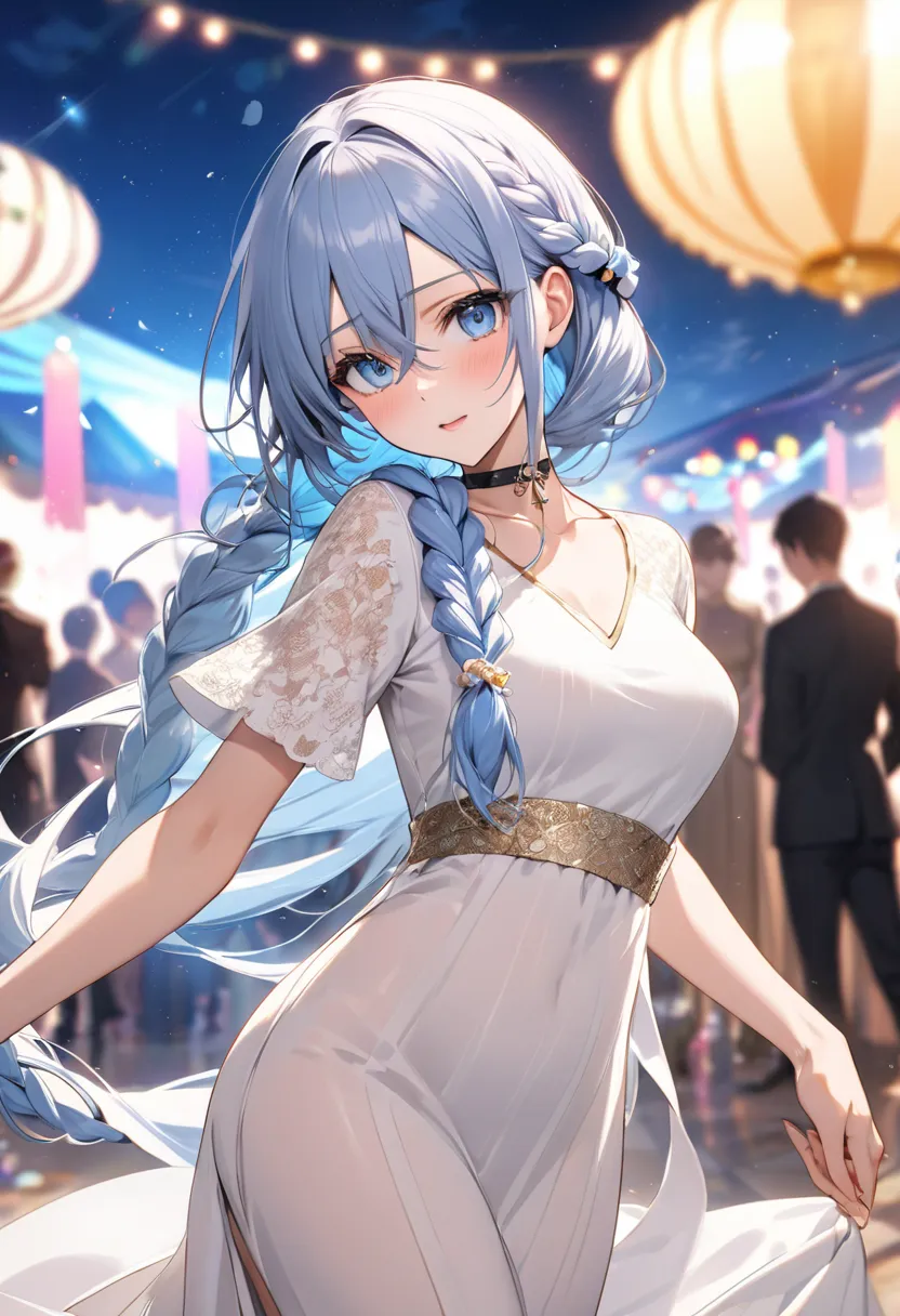 masterpiece, best quality, a women, 30 years old, hair scrunchie, white color extremely long hair, hairs between eyes, braids, sky blue eyes, regrettable, choker,  Ao Dai)(background: party venue, crystal motion blur ).