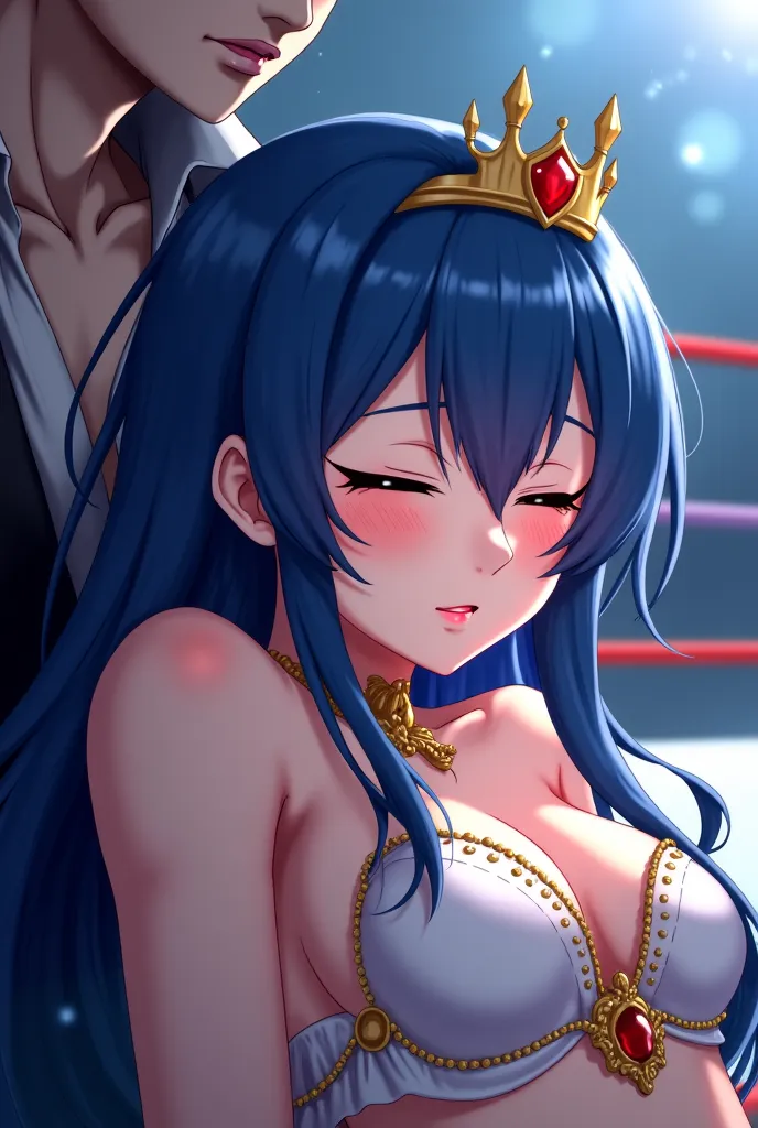 Princess with dark blue hair crown in white underwear with gold design is on a wrestling stage,The princess is unconscious with eyes closed, A vampire knocks her out,  anime version.