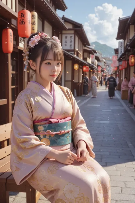 masterpiece, Read more, textured skin, Ultra High Definition, anatomically correct, 1 girl crouching,((Cute girl in kimono)),Good old street in the middle of the city,Crowded street,Sit on a wooden bench at the end of the road,Wide angle,  light/dark metho...