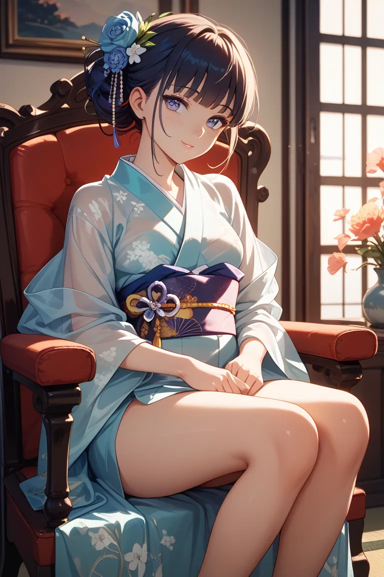 1 girl crouching、A completely transparent kimono、She is sitting in a chair,、opens legs