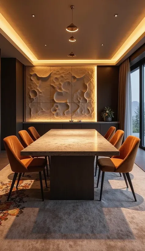 Modern dining room with warm layered lighting. Dark wood table with natural stone surface. Velvet chairs in earth tones. Background wall with illuminated 3D panels, generating a depth effect. Floor with carpet subtly printed to delimit the area. Elegant st...