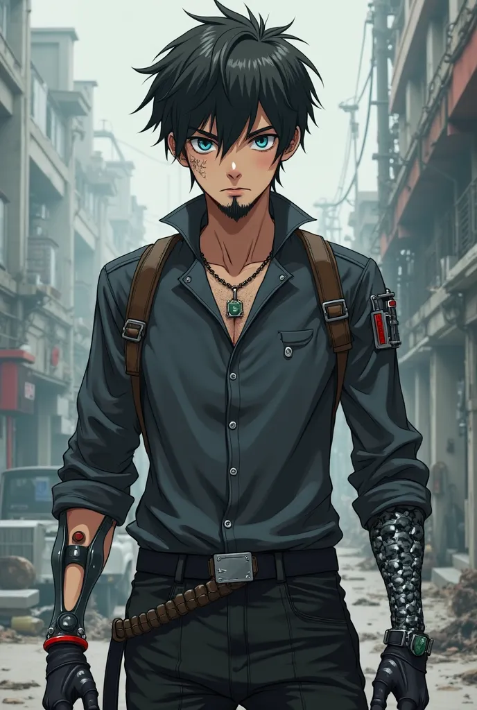 30 year old boy , with leather suede  , black pants ,dark gray shirt ,  pelo pig , blue eyes light blue, thin eyelashes and blinds , with pronounced jaw , padlocked beard with half of the torso and arm robotized  .(Post-apocalyptic anime version)