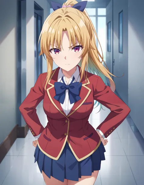 Masterpiece, hd, best quality, 1girl, kiyotaka_ayanokouji,  long hair, hair ribbon, yellow hair, purple eyes, ponytail, scrunchie, medium breasts , bangs, school uniform, jacket, Aqua blue collared shirt, red blazer, opened jacket, blue bowtie tie, shirt, ...