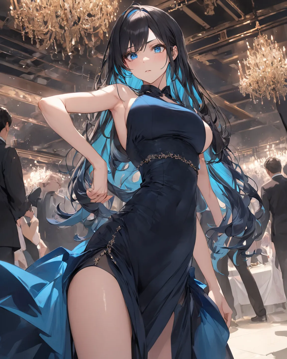 masterpiece, best quality, only woman, (woman：Alone, adult, grown, 30 years old), black extra long hair, blue eyes, colored inner hair cyan in black hair, tall, small eyes, Squint eyes, long face, large breasts, blue dress, suspicious, serious, dynamic ang...