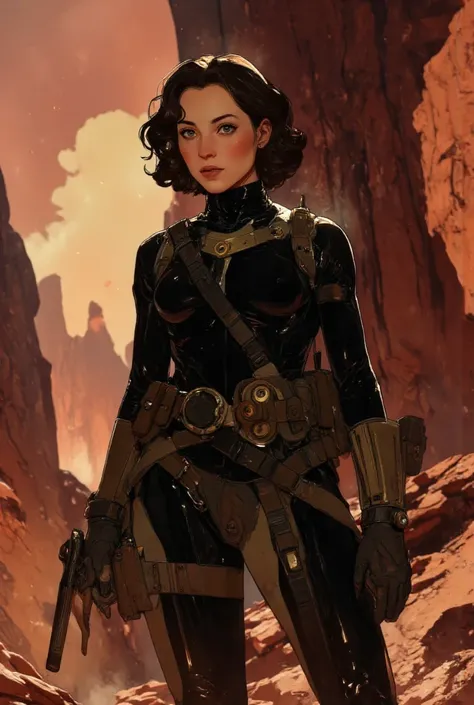 Ellen Ripley in Frazetta style black imperial 1890s space suit, background martian landscape