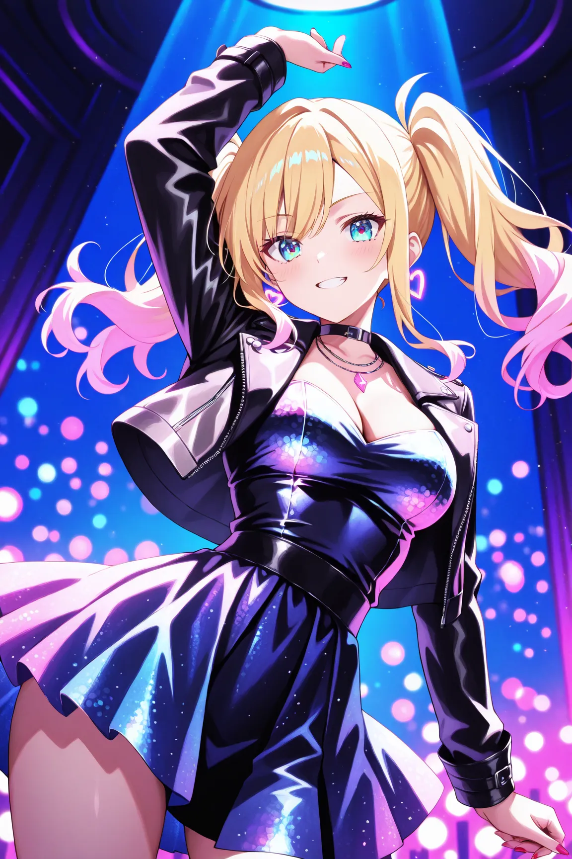 「the protagonist of the night club scene」
Cute girl, (masterpiece: 1.2), (best quality: 1.2), (high definition: 1.1), confident blonde gyaru in black sequin dress and leather jacket, dancing in nightclub. Dramatic club lighting, Vibrant Neon Color Palette....