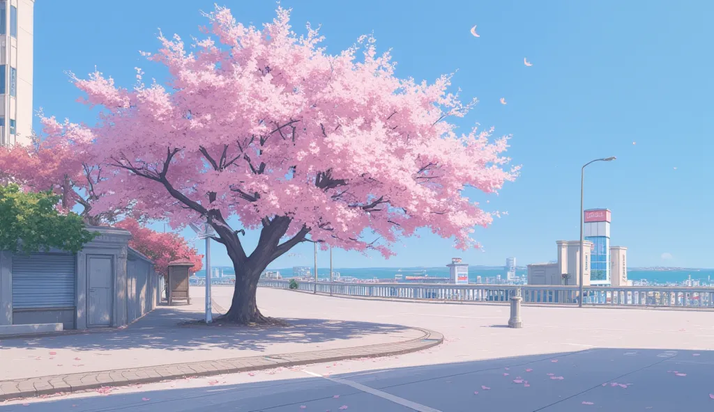 A peaceful street corner with a single cherry blossom tree in full bloom, its delicate pink petals gently falling. The tree stands tall against a clear blue sky, casting soft shadows on the ground. The surrounding street is quiet, with a few scattered leav...