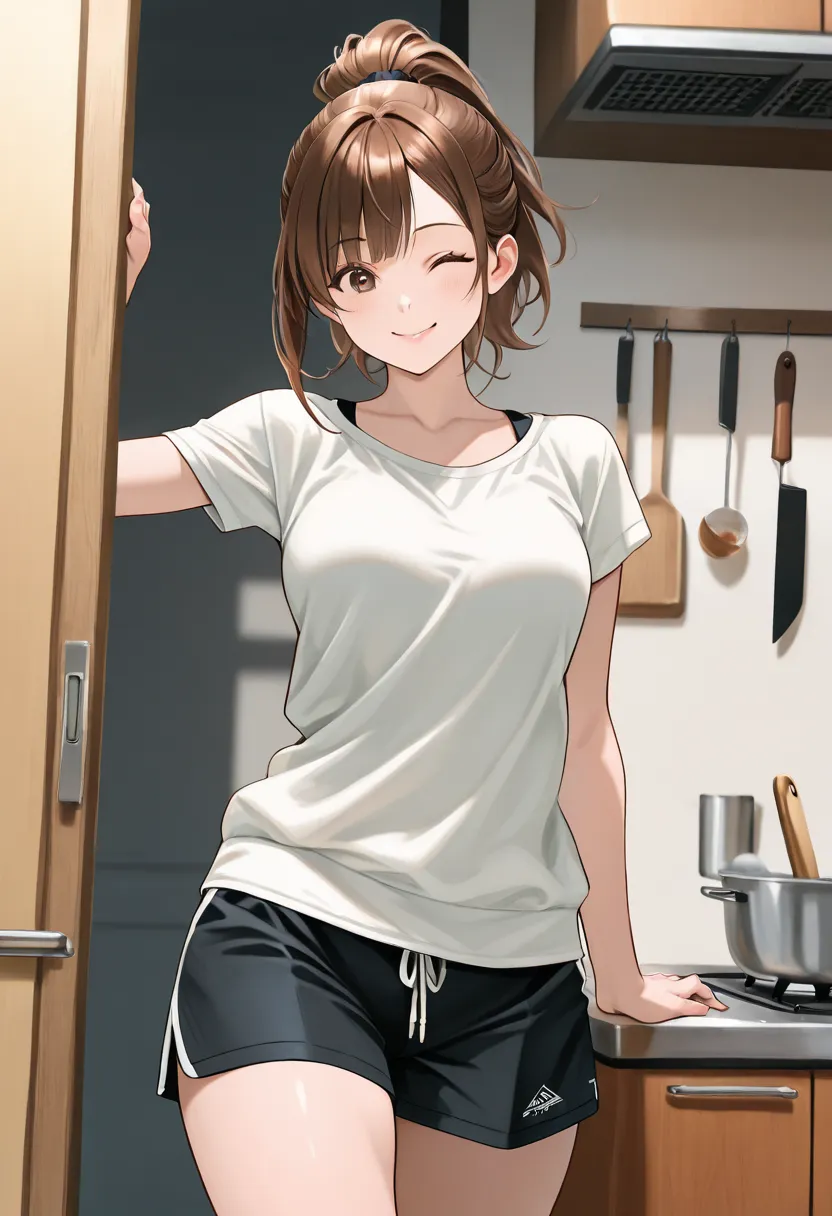 a girl, brown hair, brown eyes, happy smile, an eye closed, playful expression,  ponytail hairstyle , side bangs. Clothing: Tank Top t-shirt , Dri-FIT shorts, chanla de goms in black color. Medium-thin arms, medium breast, large thigh, big legs, round butt...