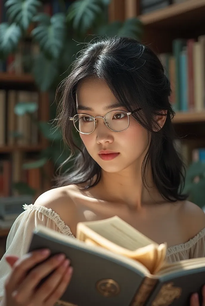 a beautiful Korean girl 24 years old with round glasses studying beautiful clothes and library in background and blur, black hair white skin