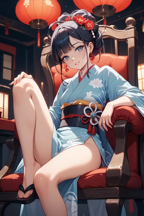 1 girl crouching、A completely transparent kimono、She is sitting in a chair,、open your legs wide、Risky