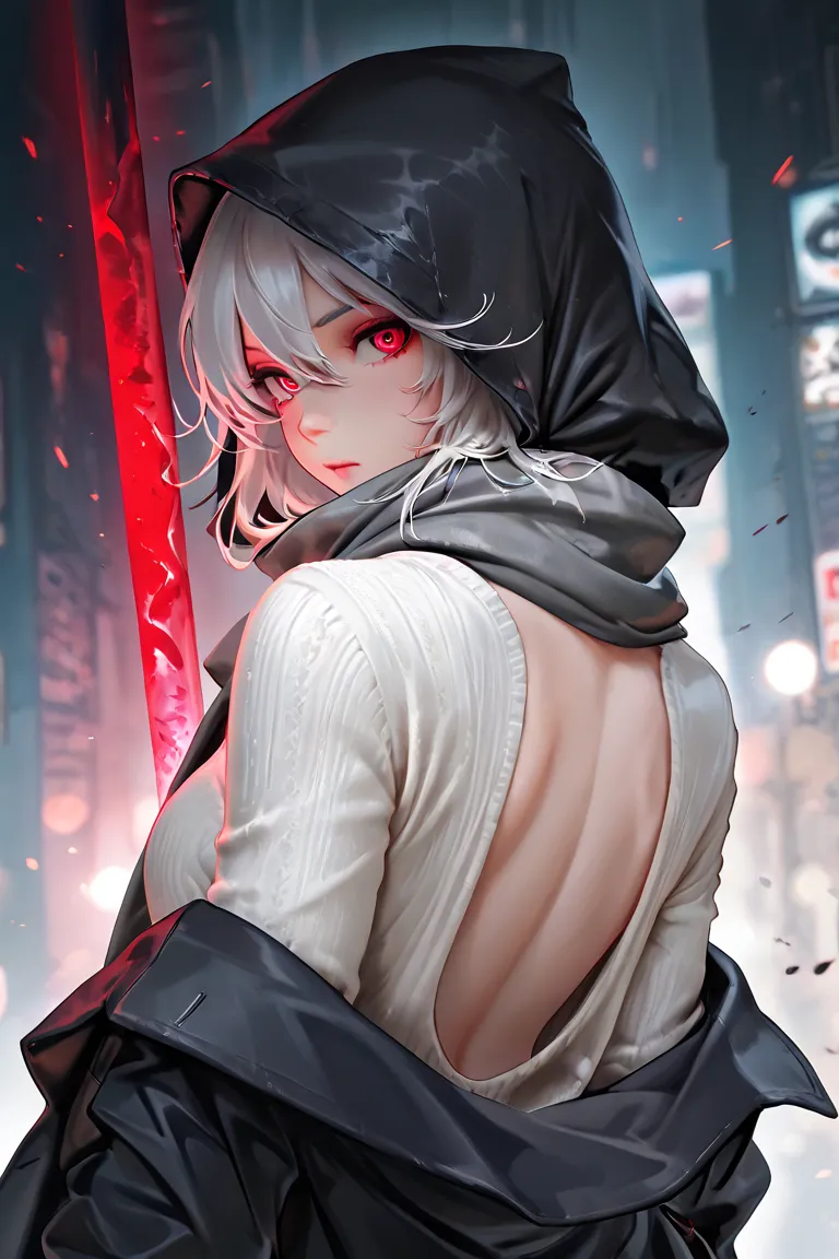 masterpiece, best quality, detailed eyes, semi realistic, 8k, girl, cute, small, pure, oversized black hood coat, black jean, gray scarf, white sweater, short long white gray hair, red eye, midnight city, solo character. looking at viewer, holding battle p...