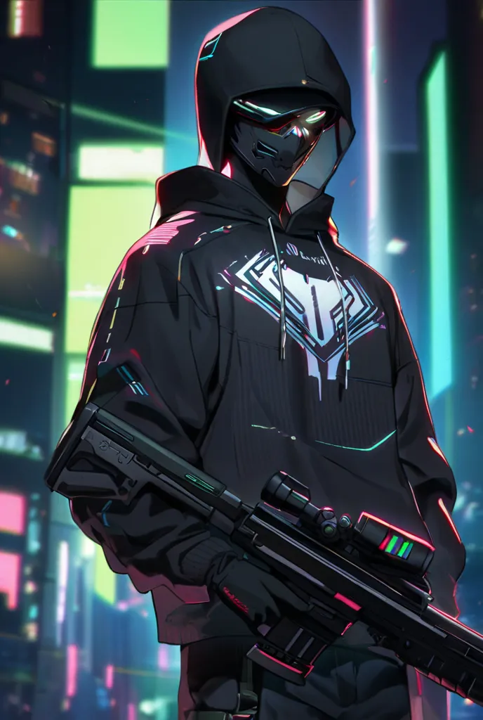 anime, Man wearing a black mask with shiny white lenses with a diabolical smile,  with black hoodie, black sweatshirt with white ray details printed on the sweatshirt,black gloves,  black pants,  holding a rifle , Scenario: cyberpunk
